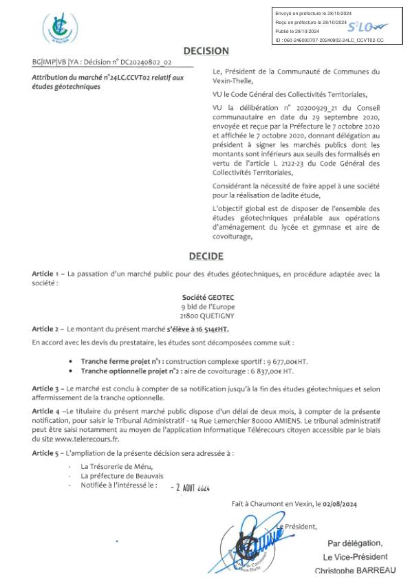 Décision n°DC20240802_02 - Attribution du marché relatif aux études géotechniques