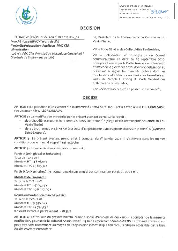 Décision n°DC20241216_01 - Marché relatif à l'entretien/réparation chauffage - VMC CTA - climatisation
