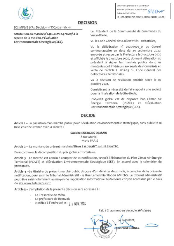 Décision n°DC20241126801 - Attribution du marché relatif à la reprise de la mission d'Évaluation Environnementale Stratégique (EES)