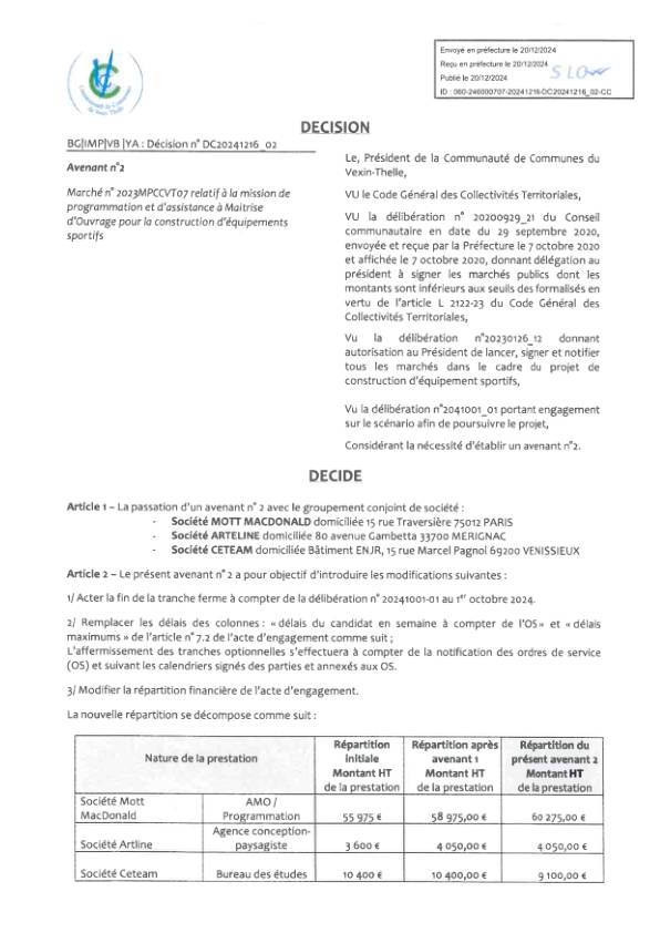 Décision n°DC20241218_02 - Marché relatif à la mission de programmation et d'assistance à Maitrise d'Ouvrage pour la construction d'équipements sportifs