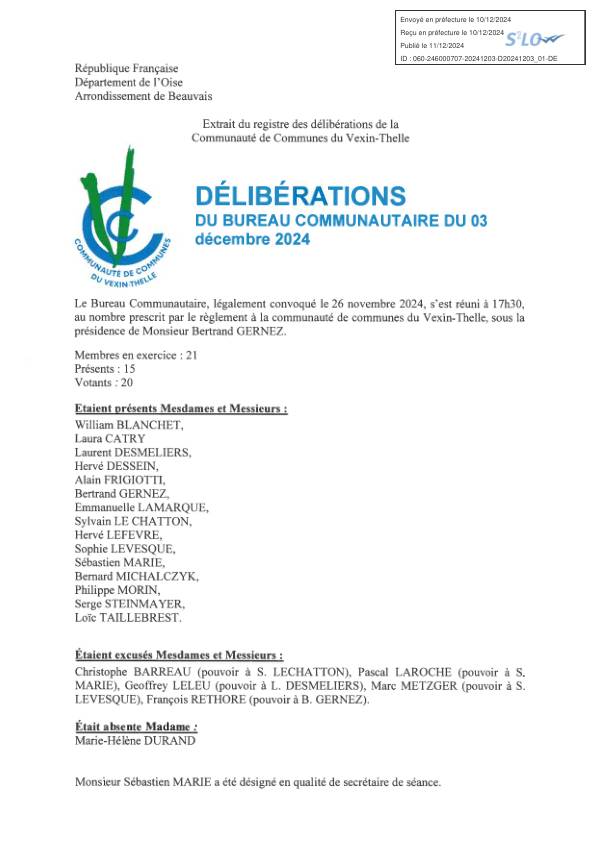 Délibérations du bureau communautaire du 03 12 2024